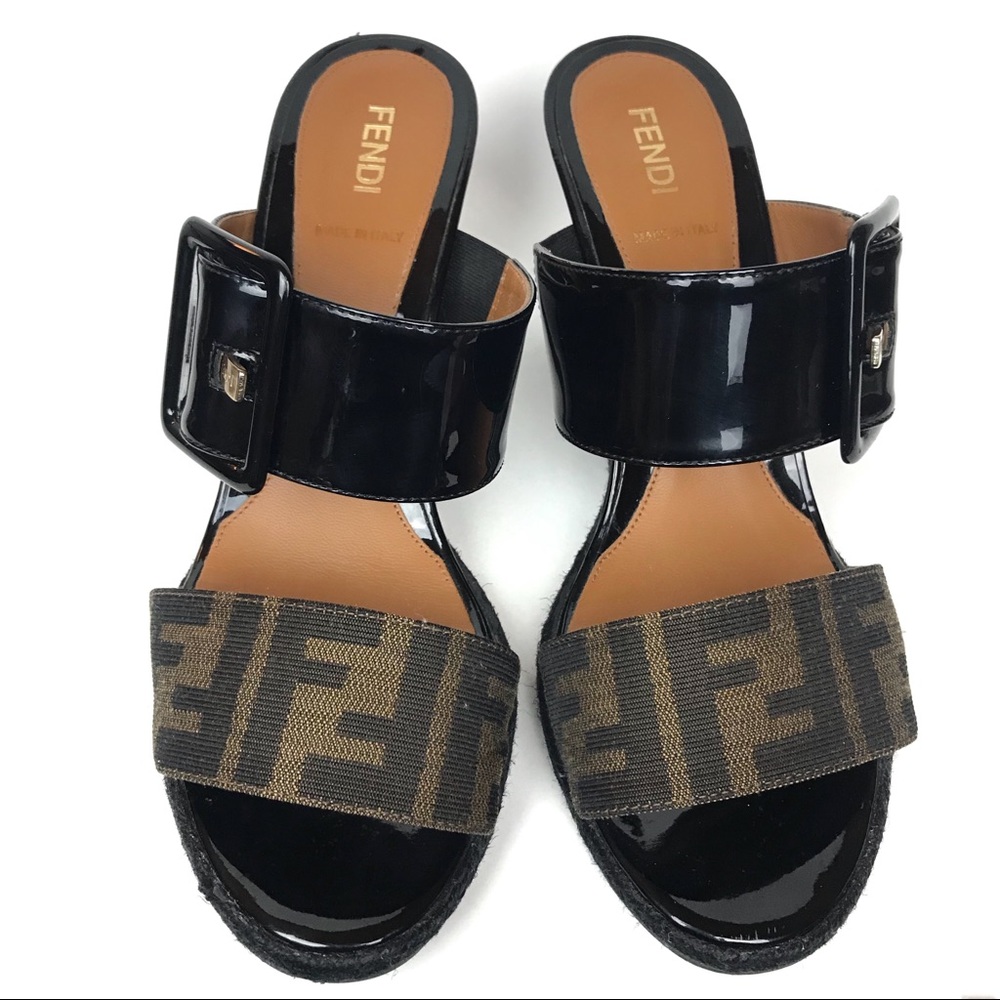 Fendi Vernis Zucca Canvas Patent Leather Wedge 38 - Picture 3 of 8